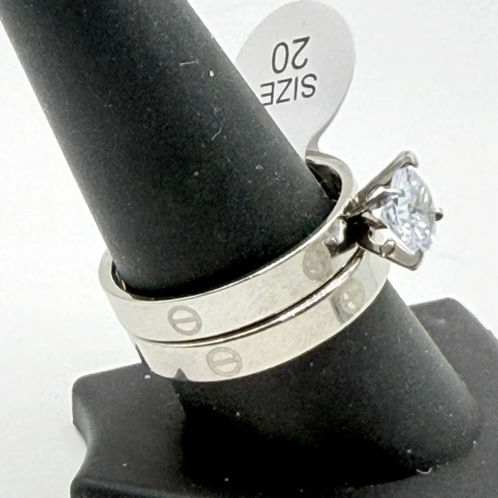 NWT Silver Tone Stainless Steel Wedding Ring Set Size‎ 11 CZ Solitaire